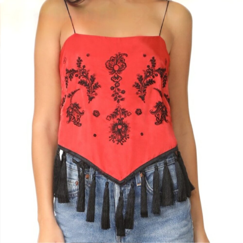 NEW Cinq a Sept Women Micah Red Satin Piqué Floral Embroidered Tassel Crop Top
